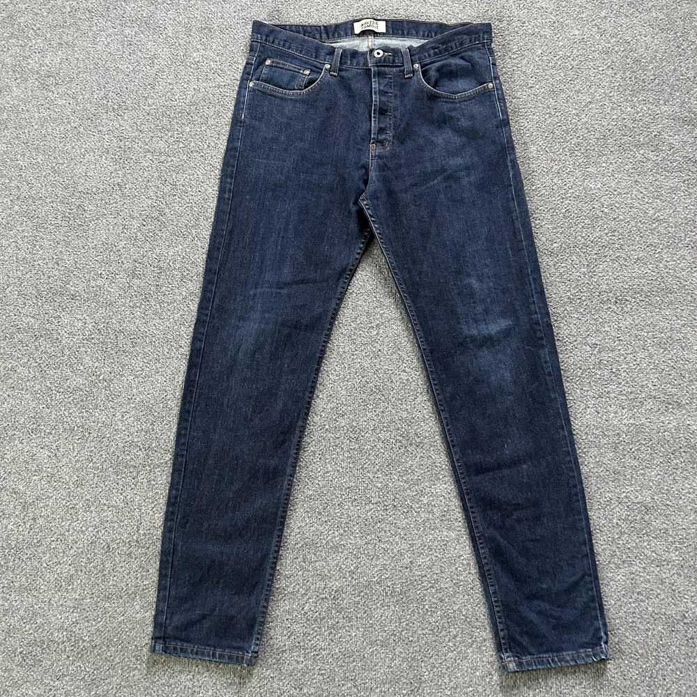 Naked & Famous Jeans Mens 34x33 Blue Dark Wash Slim Tapered Button Fly Denim P1
